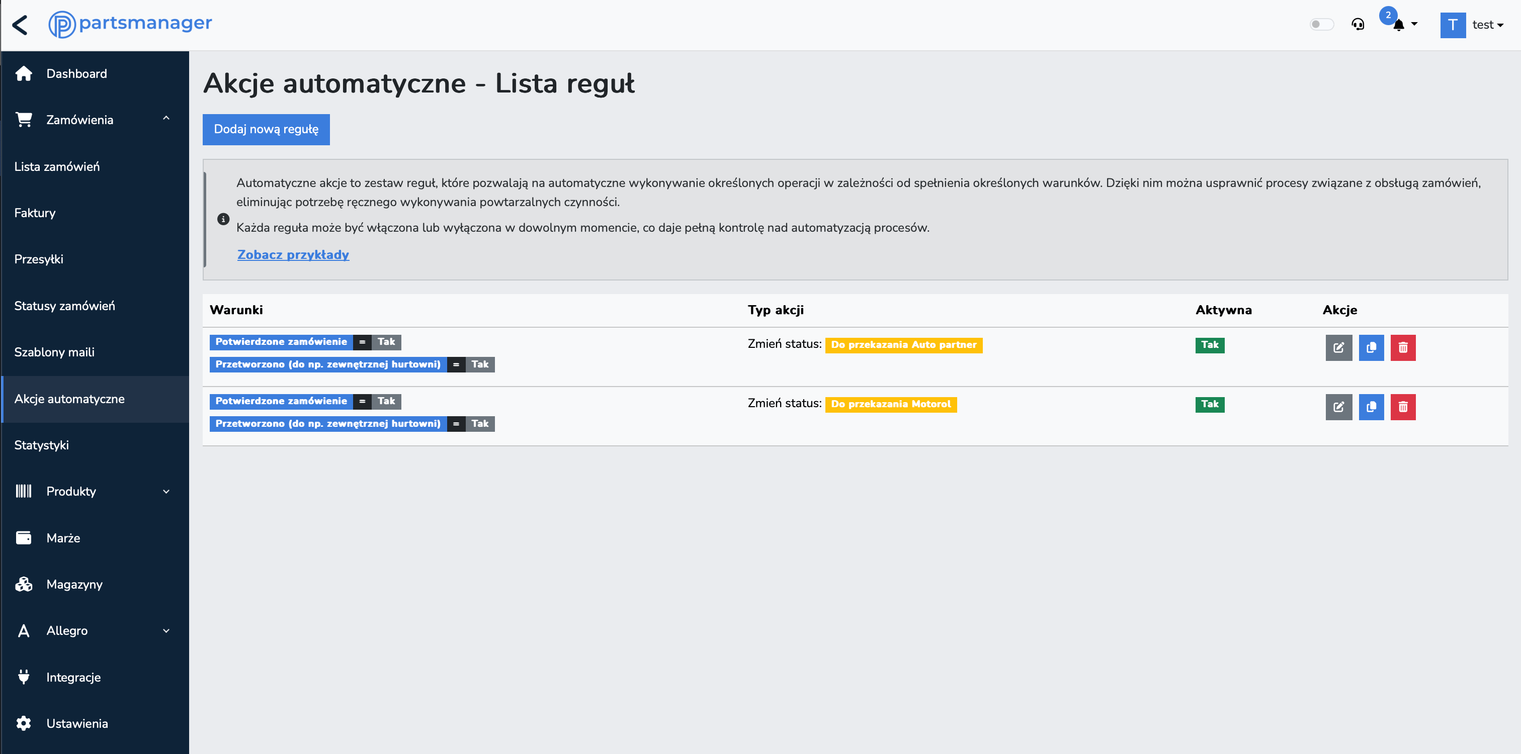 PartsManager screenshot narzędzia - akcje automatyczne