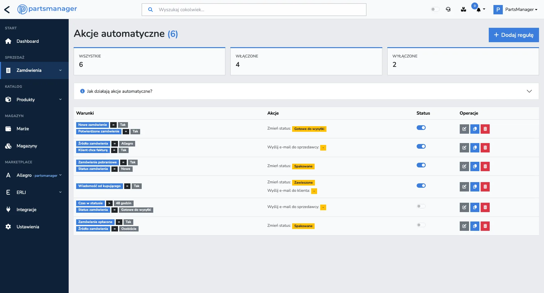 PartsManager — akcje automatyczne na zamówieniach
