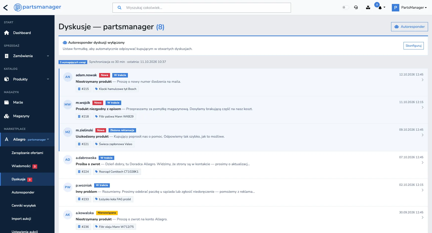 PartsManager — dyskusje i reklamacje Allegro
