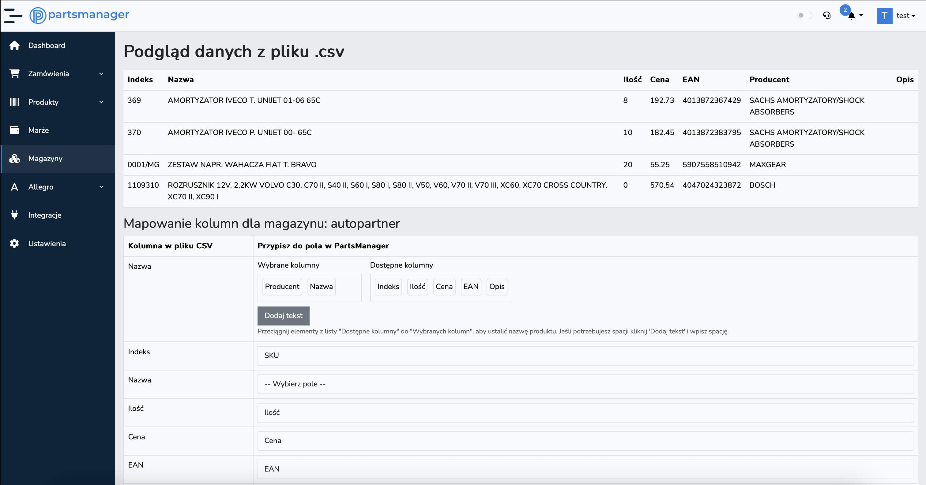 PartsManager screenshot narzędzia - mapowanie magazynu