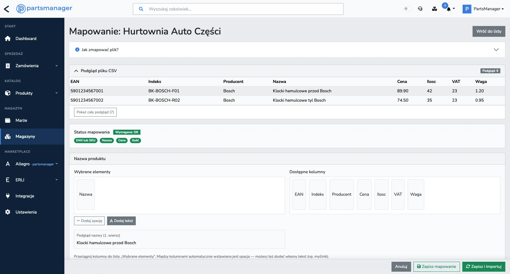 PartsManager — mapowanie kolumn magazynu