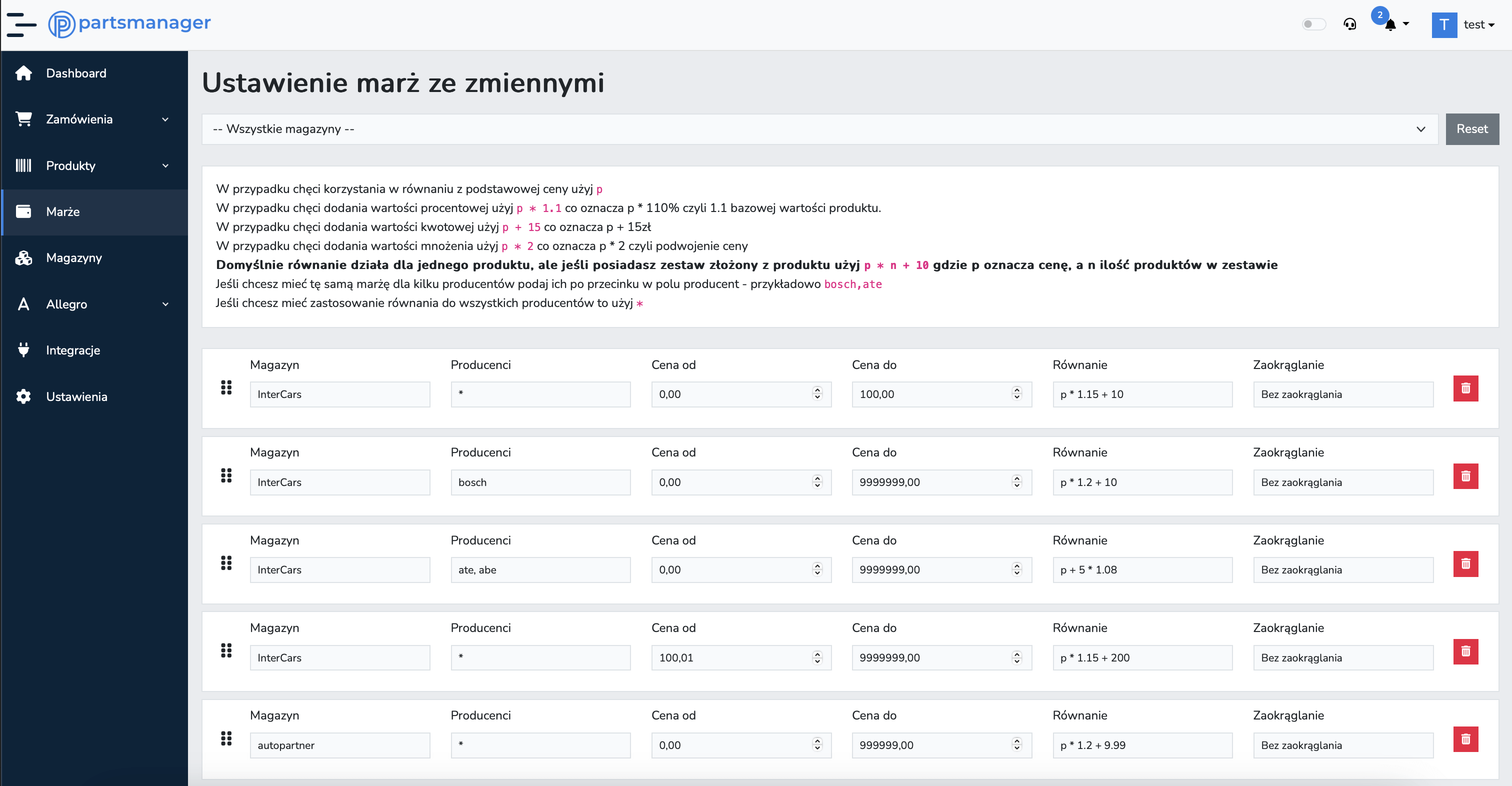 PartsManager screenshot narzędzia - własne marże