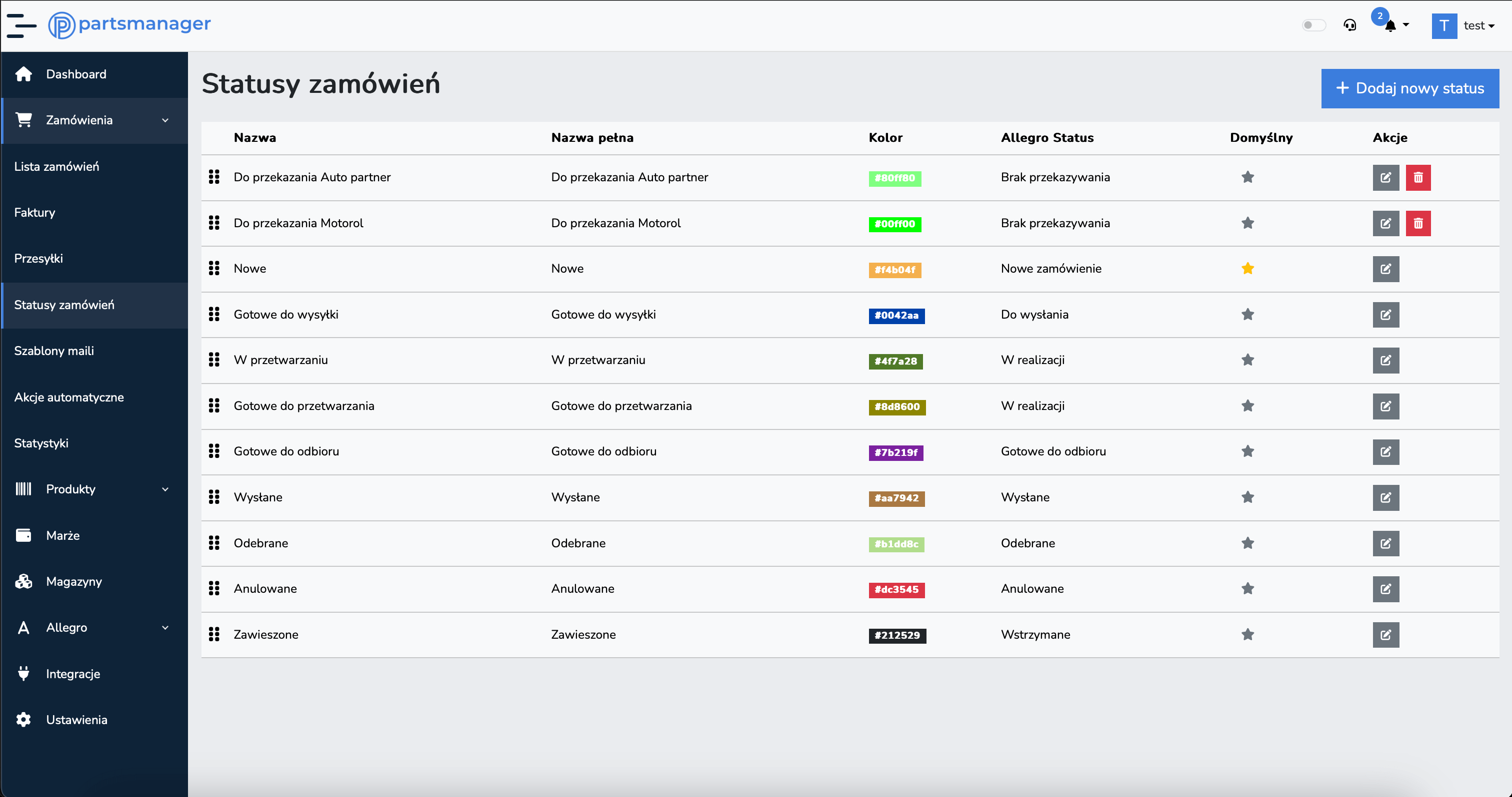 PartsManager screenshot narzędzia - statusy zamówień