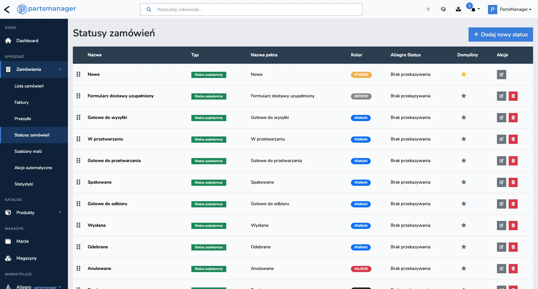 PartsManager — statusy zamówień
