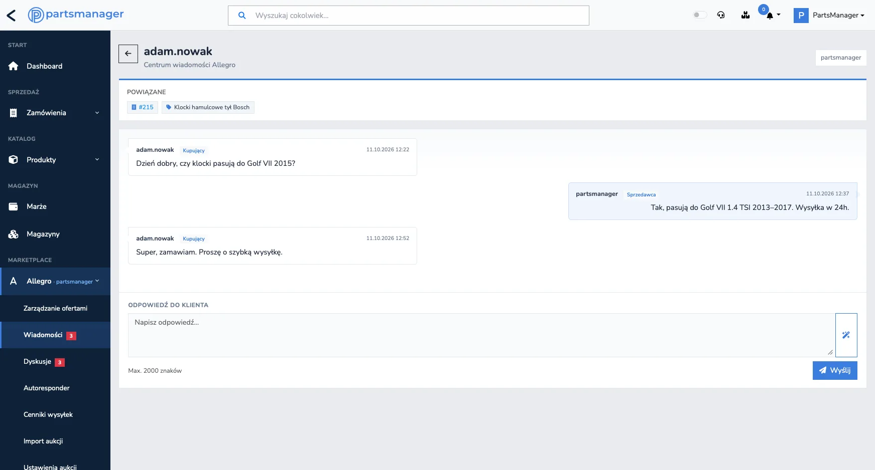 PartsManager — rozmowa z kupującym na Allegro