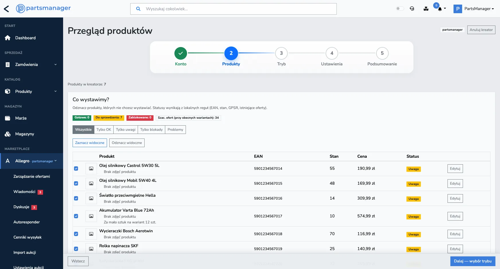 PartsManager — masowe wystawianie ofert na Allegro