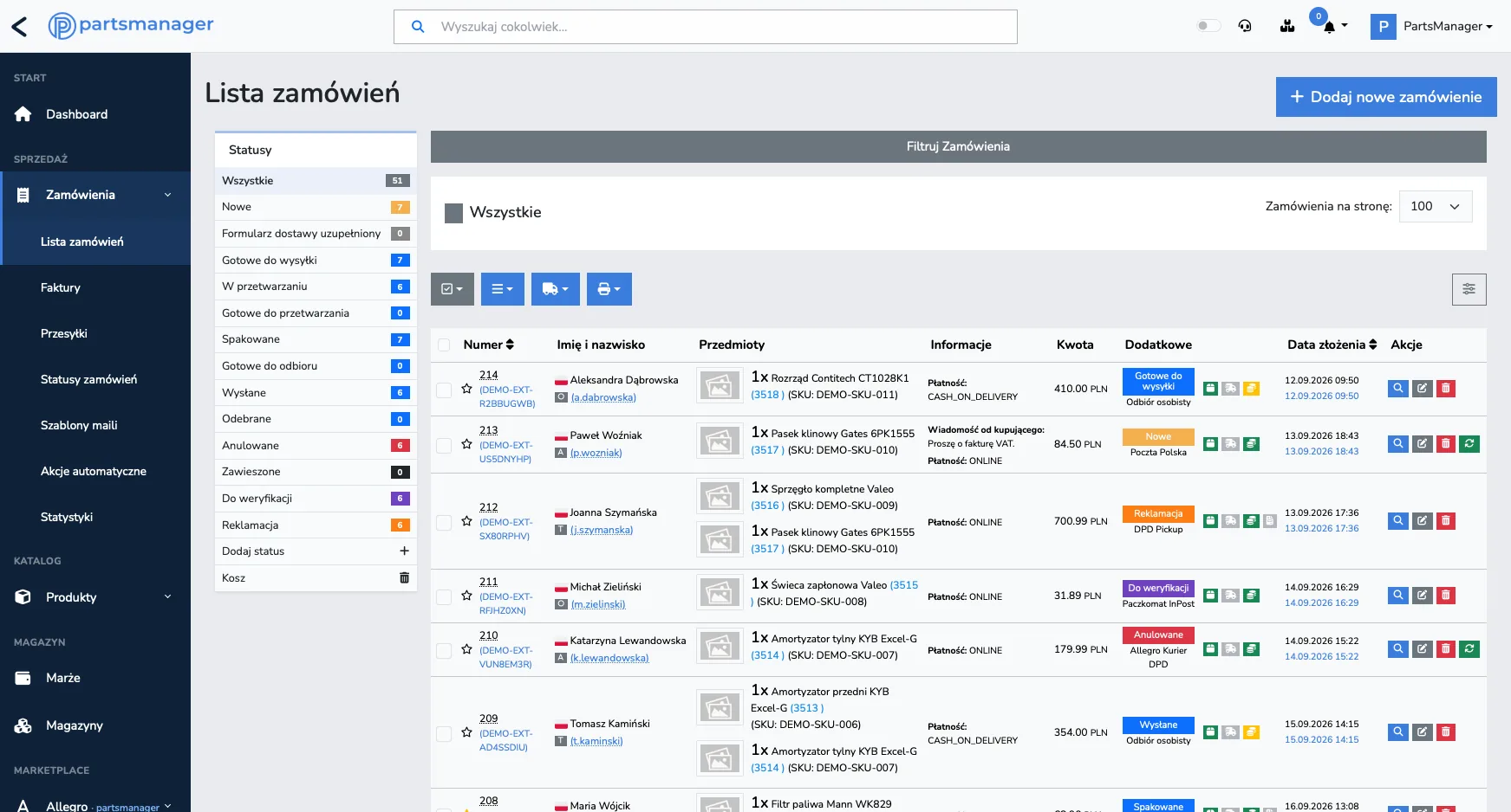 PartsManager — lista zamówień z Allegro i innych kanałów