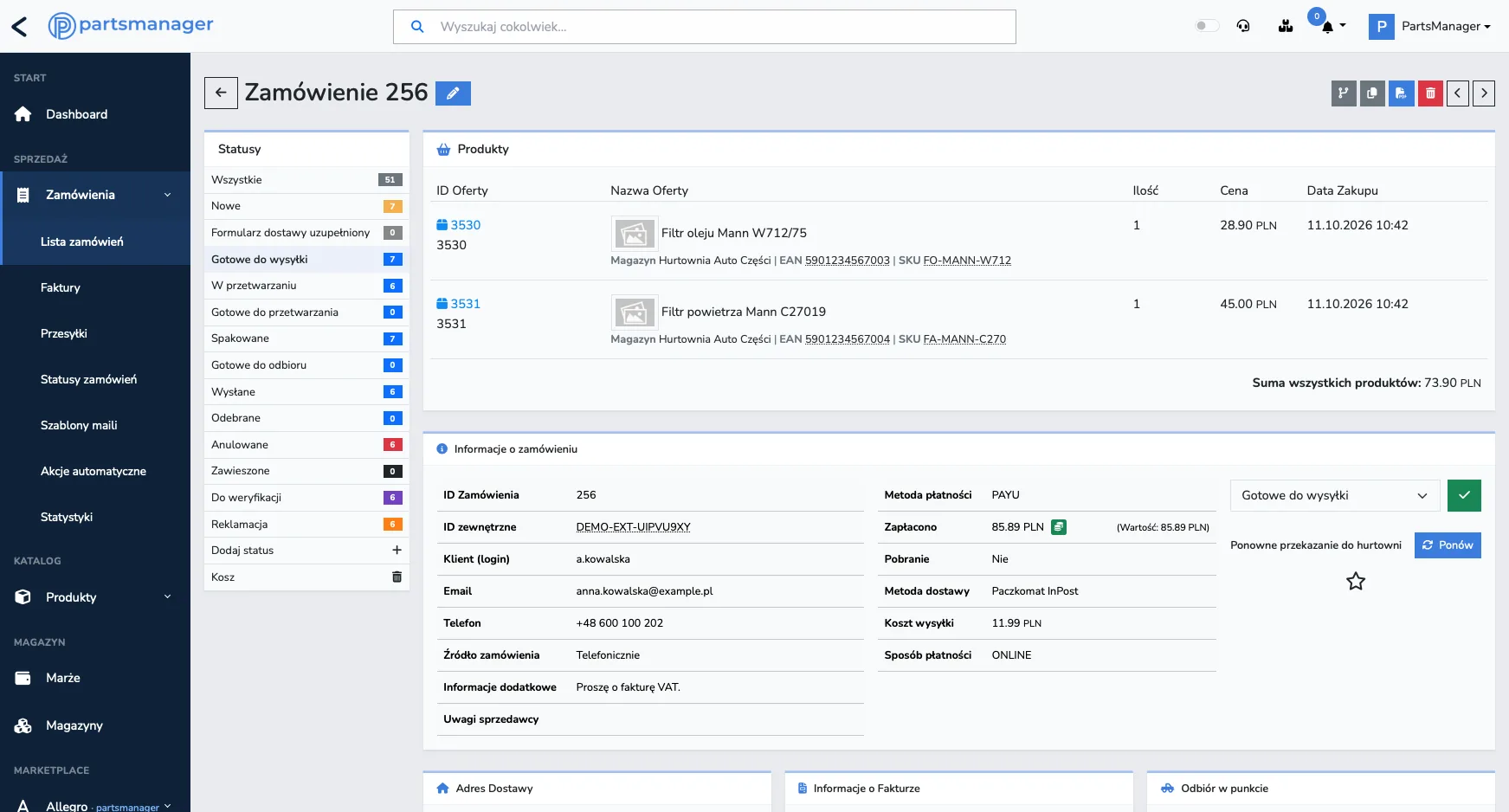 PartsManager — podgląd zamówienia z wiadomościami